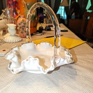 VINTAGE Fenton Silver Crest 8" White Milk Glass Ruffled Edge Basket, Candy Dish